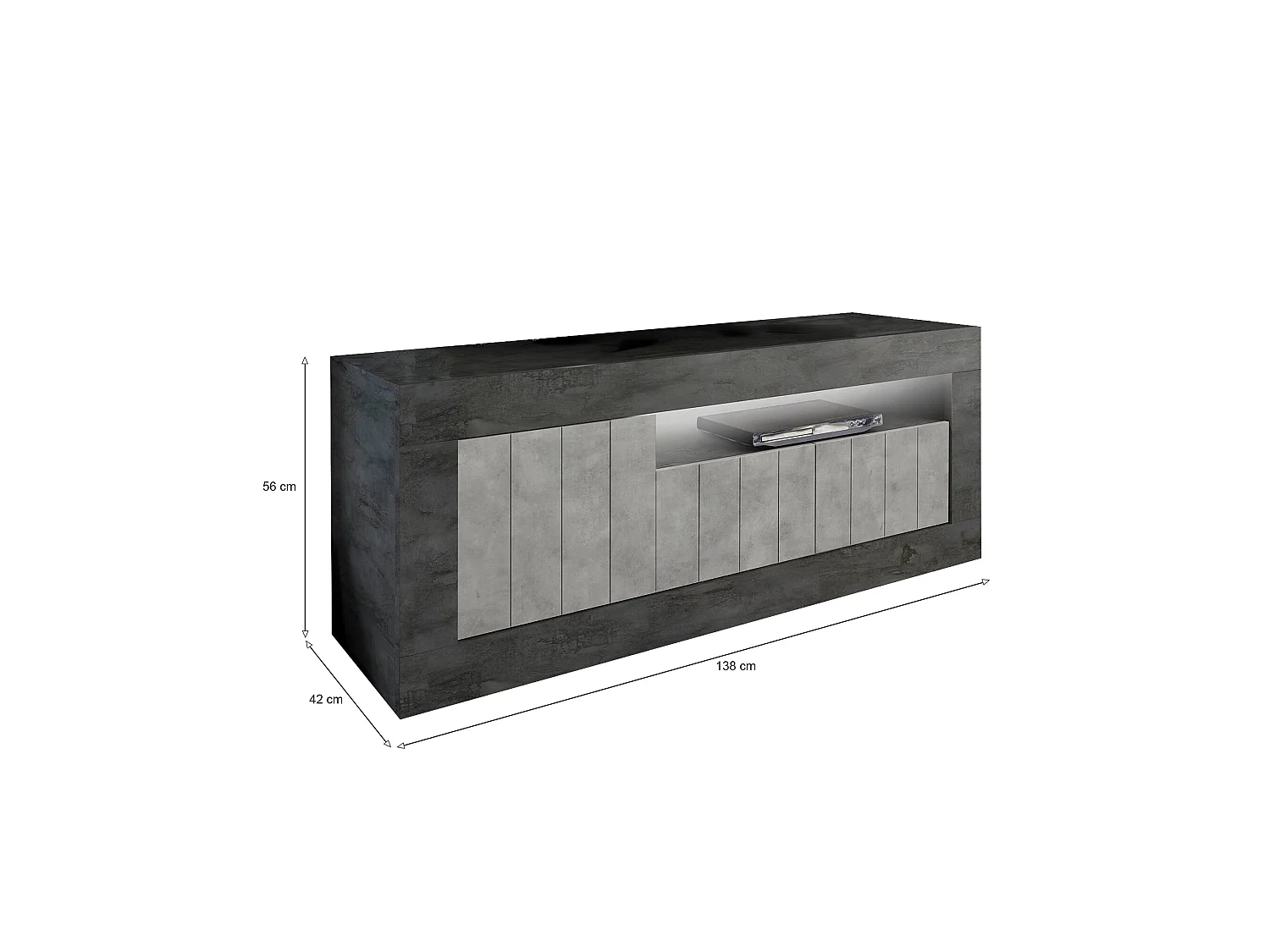 Meuble TV Dmurra, Buffet de salon, Armoire basse pour TV, Base murale de rangement, Made in Italy, 138x42 h56 cm, Ardoise et Ciment