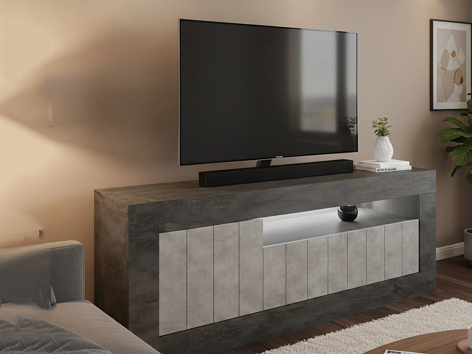Meuble TV Dmurra, Buffet de salon, Armoire basse pour TV, Base murale de rangement, Made in Italy, 138x42 h56 cm, Ardoise et Ciment