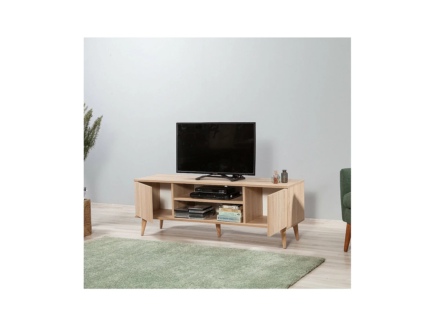 Meuble TV Dinfantin, Buffet de salon, Armoire basse pour TV, Base murale de rangement, 140x40 h50 cm, Chêne