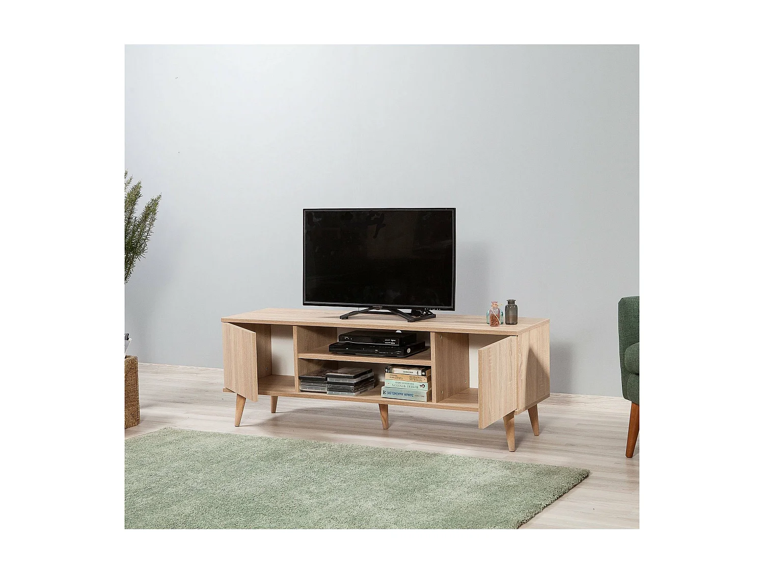 Meuble TV Dinfantin, Buffet de salon, Armoire basse pour TV, Base murale de rangement, 140x40 h50 cm, Chêne