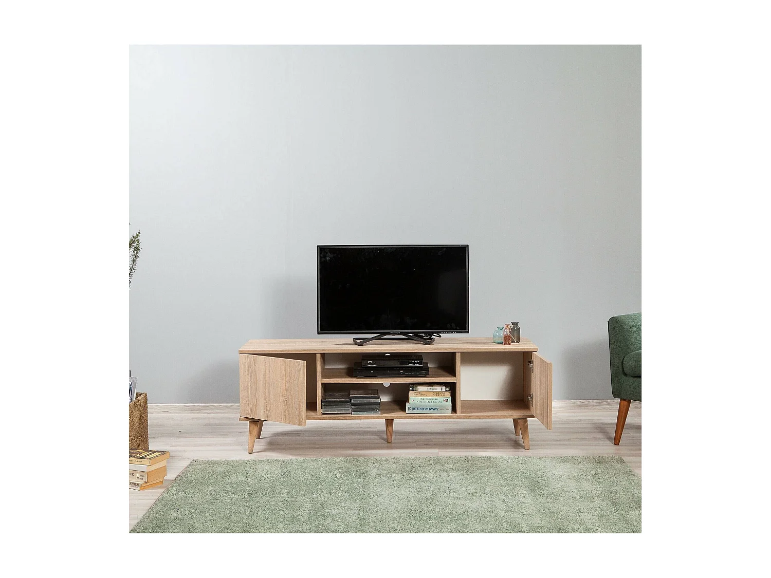 Meuble TV Dinfantin, Buffet de salon, Armoire basse pour TV, Base murale de rangement, 140x40 h50 cm, Chêne