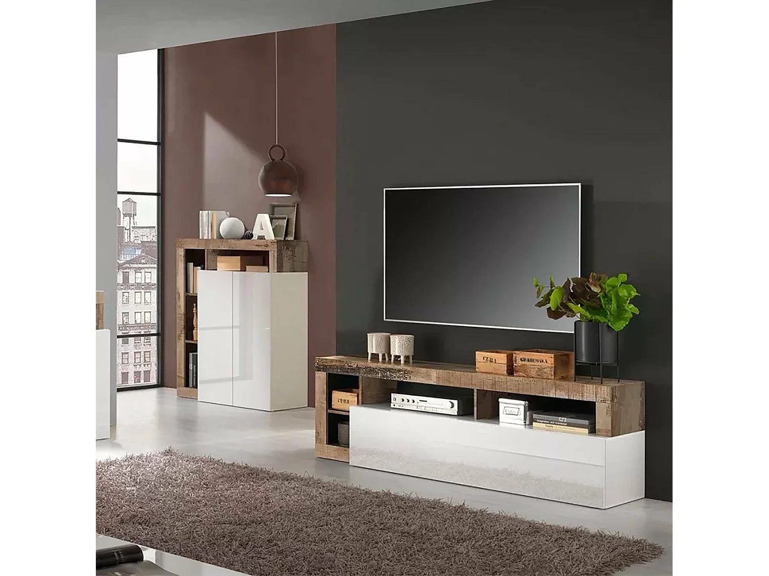 Meuble TV Dbald, Buffet de salon, Armoire basse pour TV, Base murale de rangement, Made in Italy, 184x42 h58 cm, Blanc brillant et Acacia