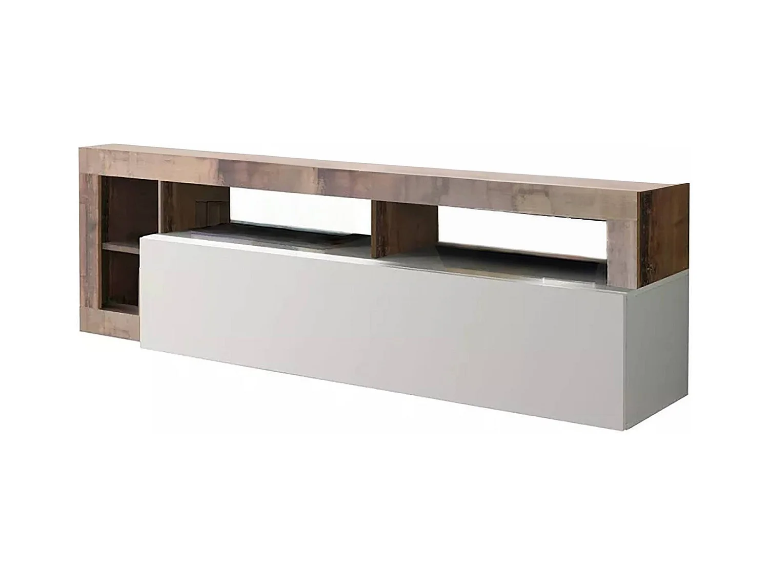 Dbald TV-meubel, Woonkamerdressoir, Lage tv-kast, Uitgeruste muurbasis, Made in Italy, 184x42 h58 cm, Glanzend wit en acacia
