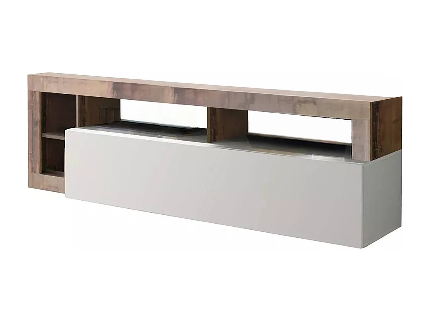 Dbald TV-meubel, Woonkamerdressoir, Lage tv-kast, Uitgeruste muurbasis, Made in Italy, 184x42 h58 cm, Glanzend wit en acacia