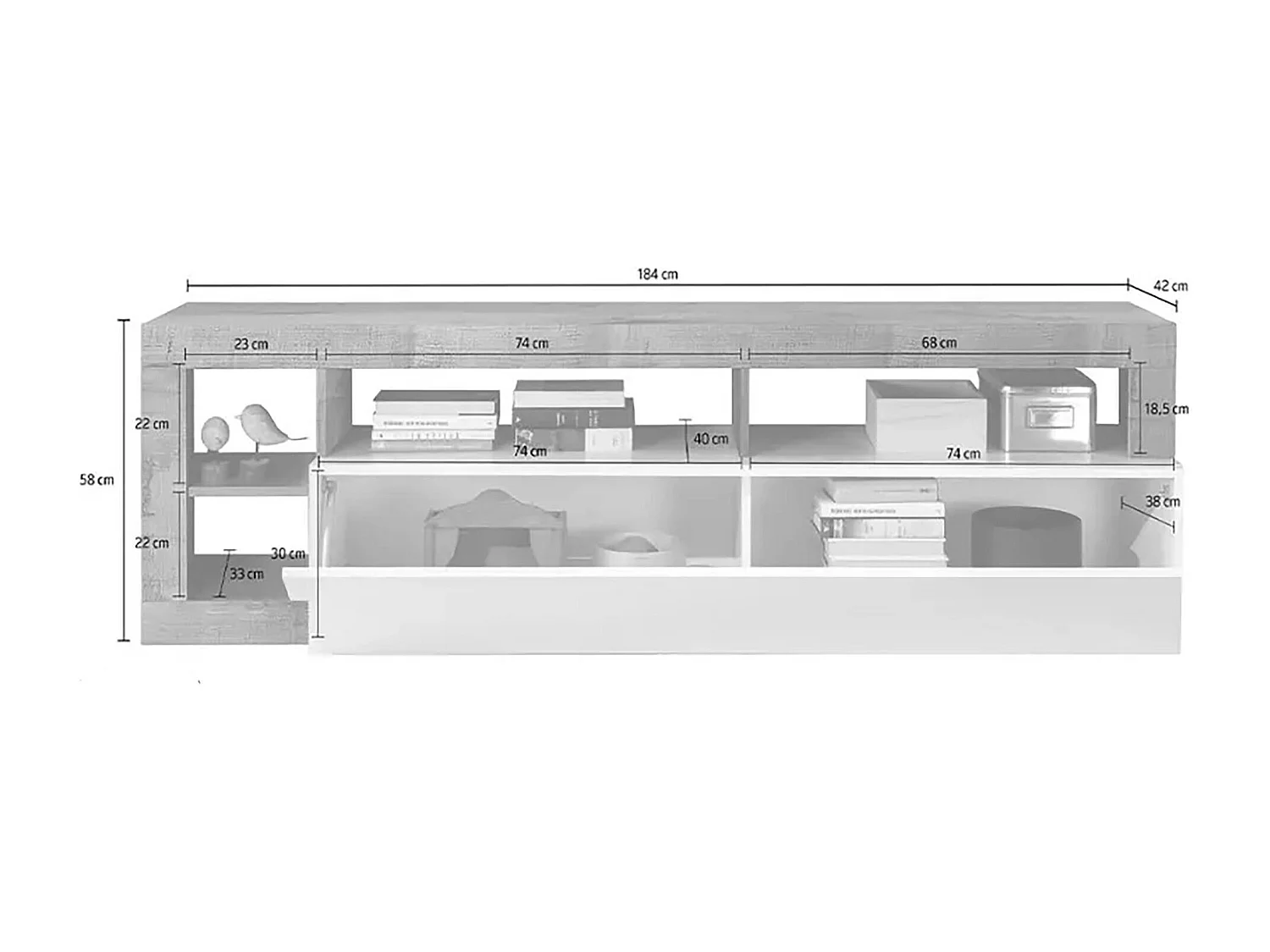 Dbald TV-meubel, Woonkamerdressoir, Lage tv-kast, Uitgeruste muurbasis, Made in Italy, 184x42 h58 cm, Glanzend wit en acacia