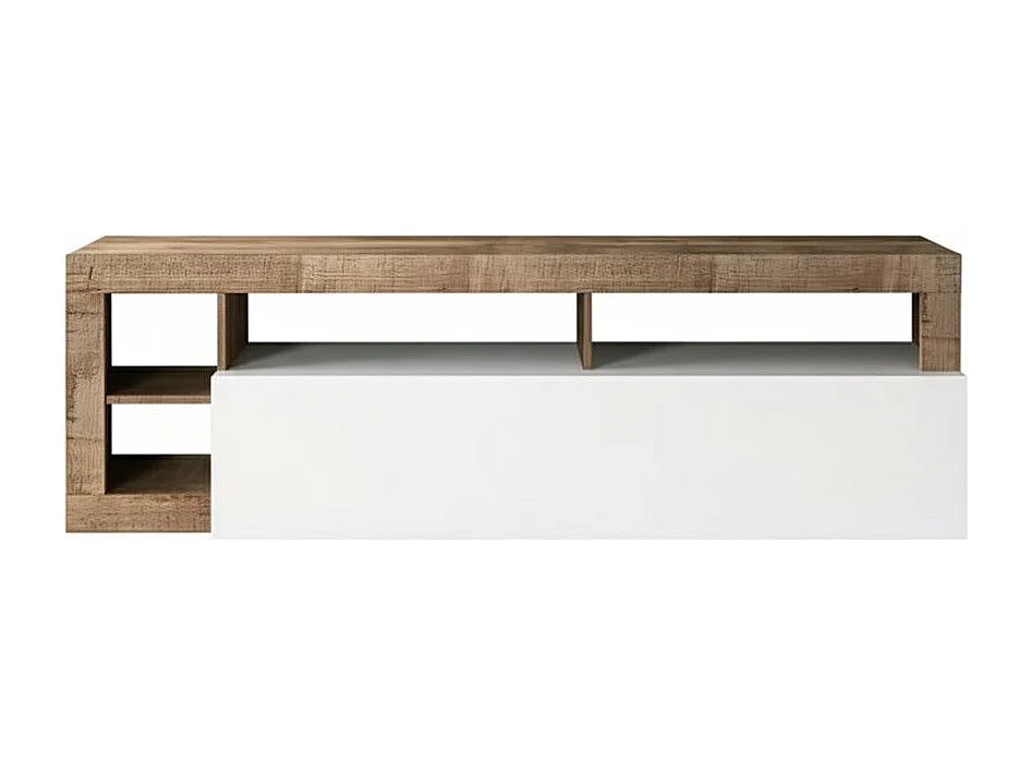 Dbald TV-meubel, Woonkamerdressoir, Lage tv-kast, Uitgeruste muurbasis, Made in Italy, 184x42 h58 cm, Glanzend wit en acacia