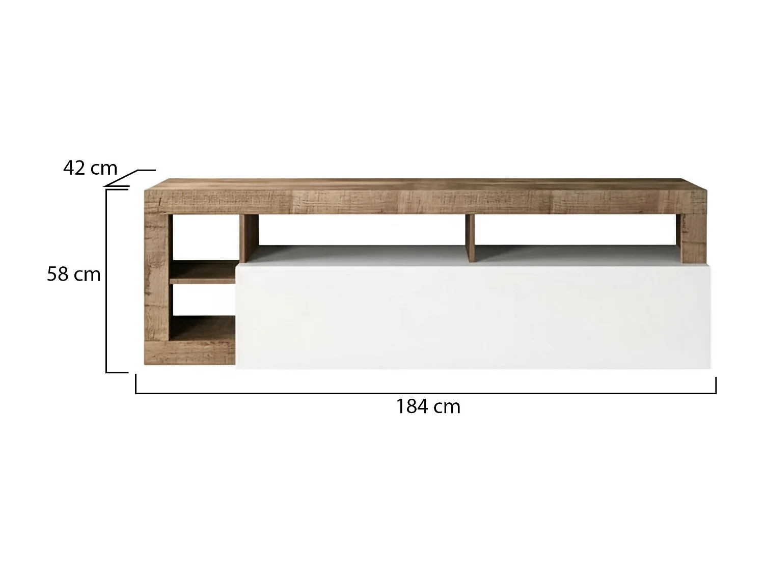 Dbald TV-meubel, Woonkamerdressoir, Lage tv-kast, Uitgeruste muurbasis, Made in Italy, 184x42 h58 cm, Glanzend wit en acacia