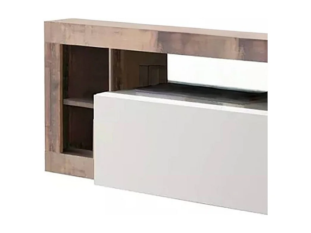 Dbald TV-meubel, Woonkamerdressoir, Lage tv-kast, Uitgeruste muurbasis, Made in Italy, 184x42 h58 cm, Glanzend wit en acacia