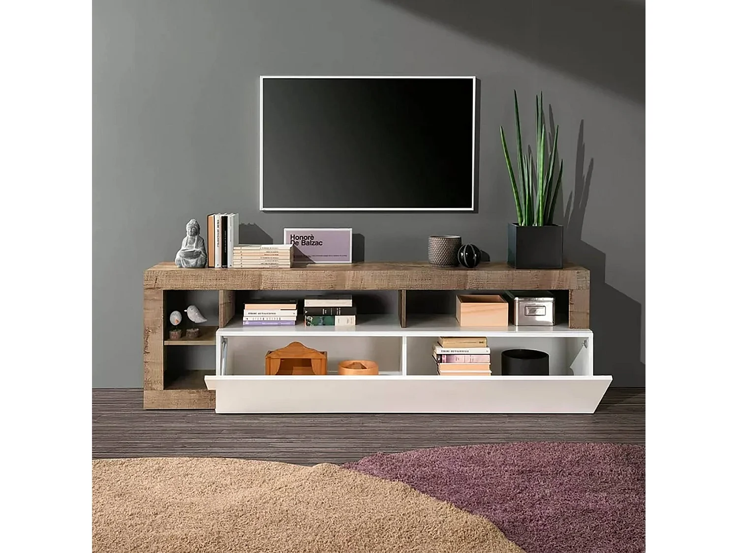 Fernsehschrank Dbald, TV-Ständer für das Wohnzimmer, Niedriges Sideboard, TV-Ständer, Made in Italy, 184x42 h58 cm, Glänzendes WeiÃŸ und Akazie