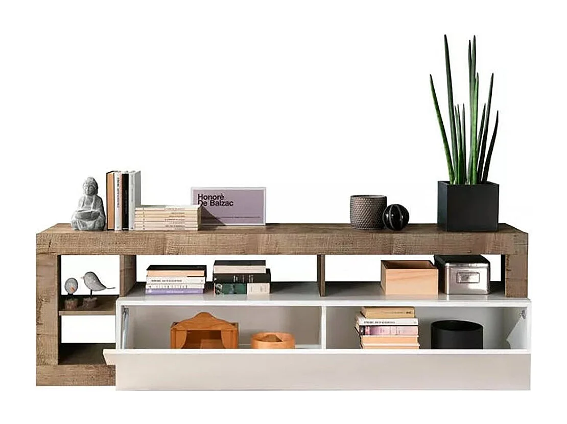 Fernsehschrank Dbald, TV-Ständer für das Wohnzimmer, Niedriges Sideboard, TV-Ständer, Made in Italy, 184x42 h58 cm, Glänzendes WeiÃŸ und Akazie