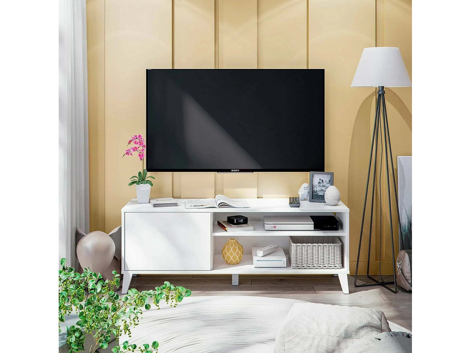 Meuble TV Dzibett, Buffet de salon, Armoire basse pour TV, Base murale de rangement, 135x40 h50 cm, Blanc