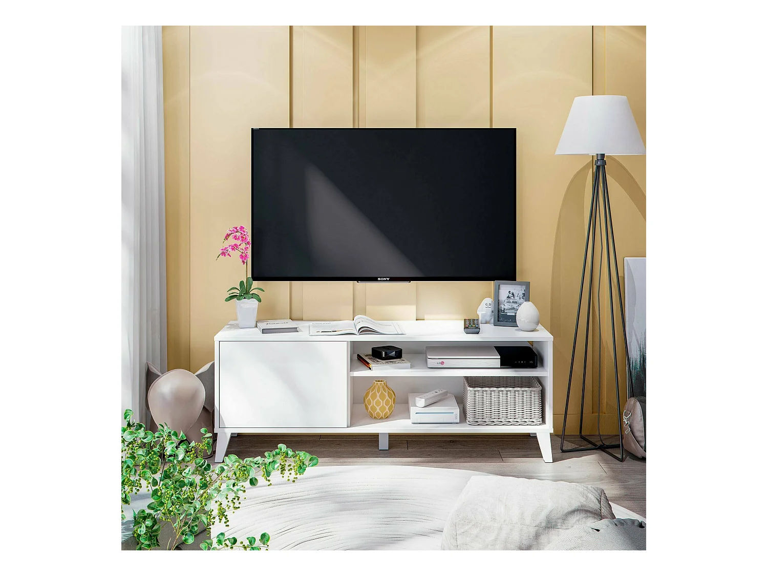 Dzibett TV-meubel, Woonkamerdressoir, Lage tv-kast, Voorzien van wandbasis, 135x40 h50 cm, Wit