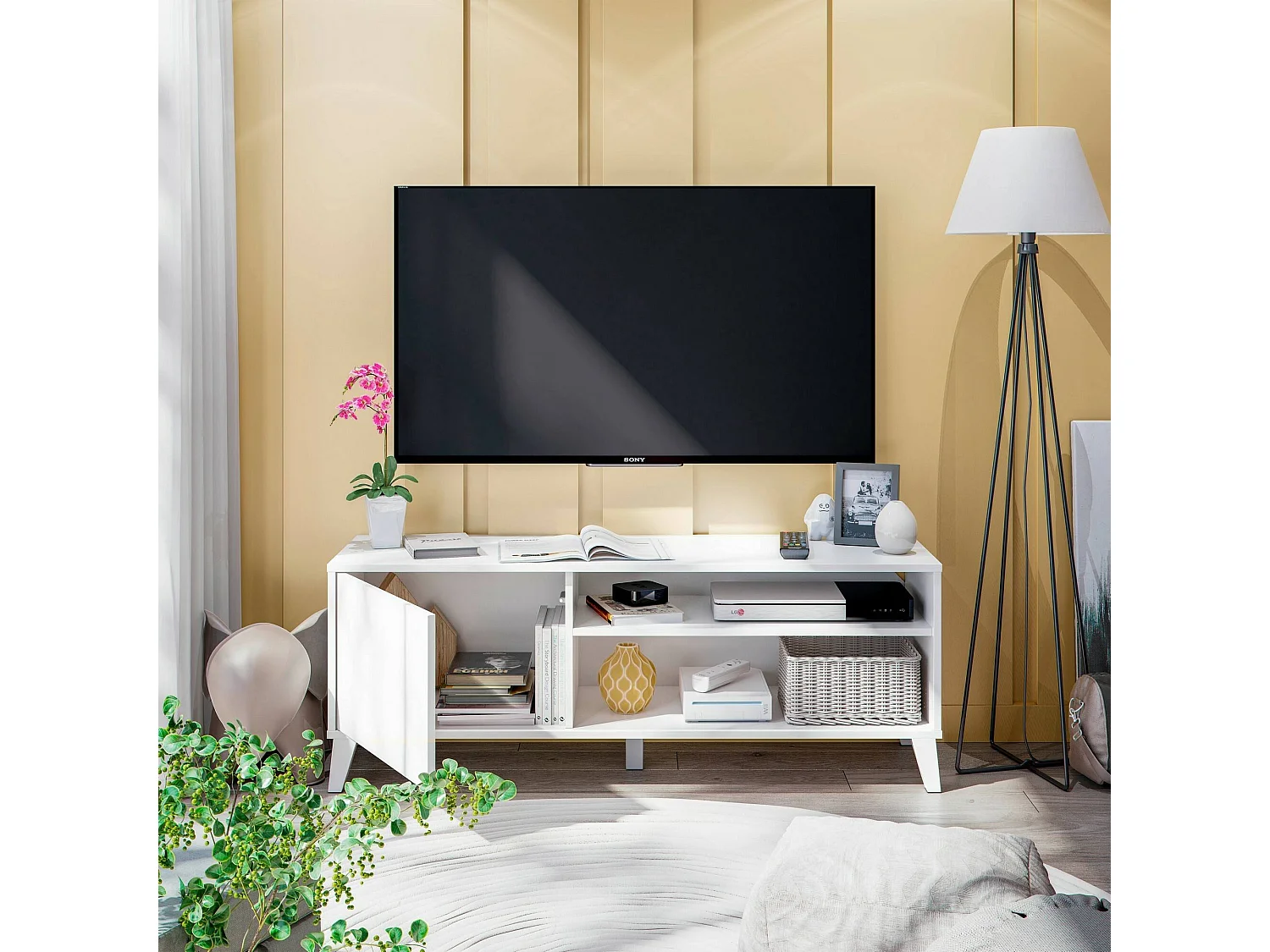 Dzibett TV-meubel, Woonkamerdressoir, Lage tv-kast, Voorzien van wandbasis, 135x40 h50 cm, Wit