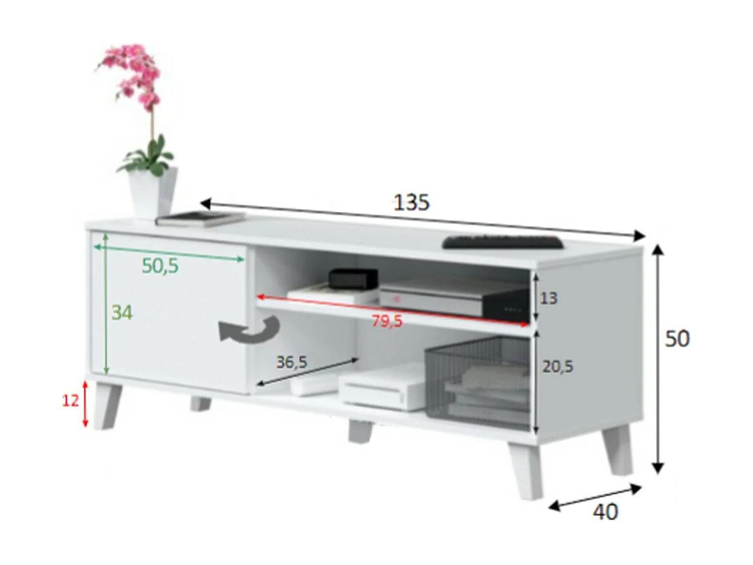Dzibett TV-meubel, Woonkamerdressoir, Lage tv-kast, Voorzien van wandbasis, 135x40 h50 cm, Wit