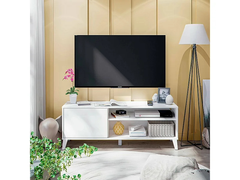 Móvel TV Dzibett, Aparador de sala, Armário baixo para TV, Base de parede equipada, 135x40 h50 cm, Branco