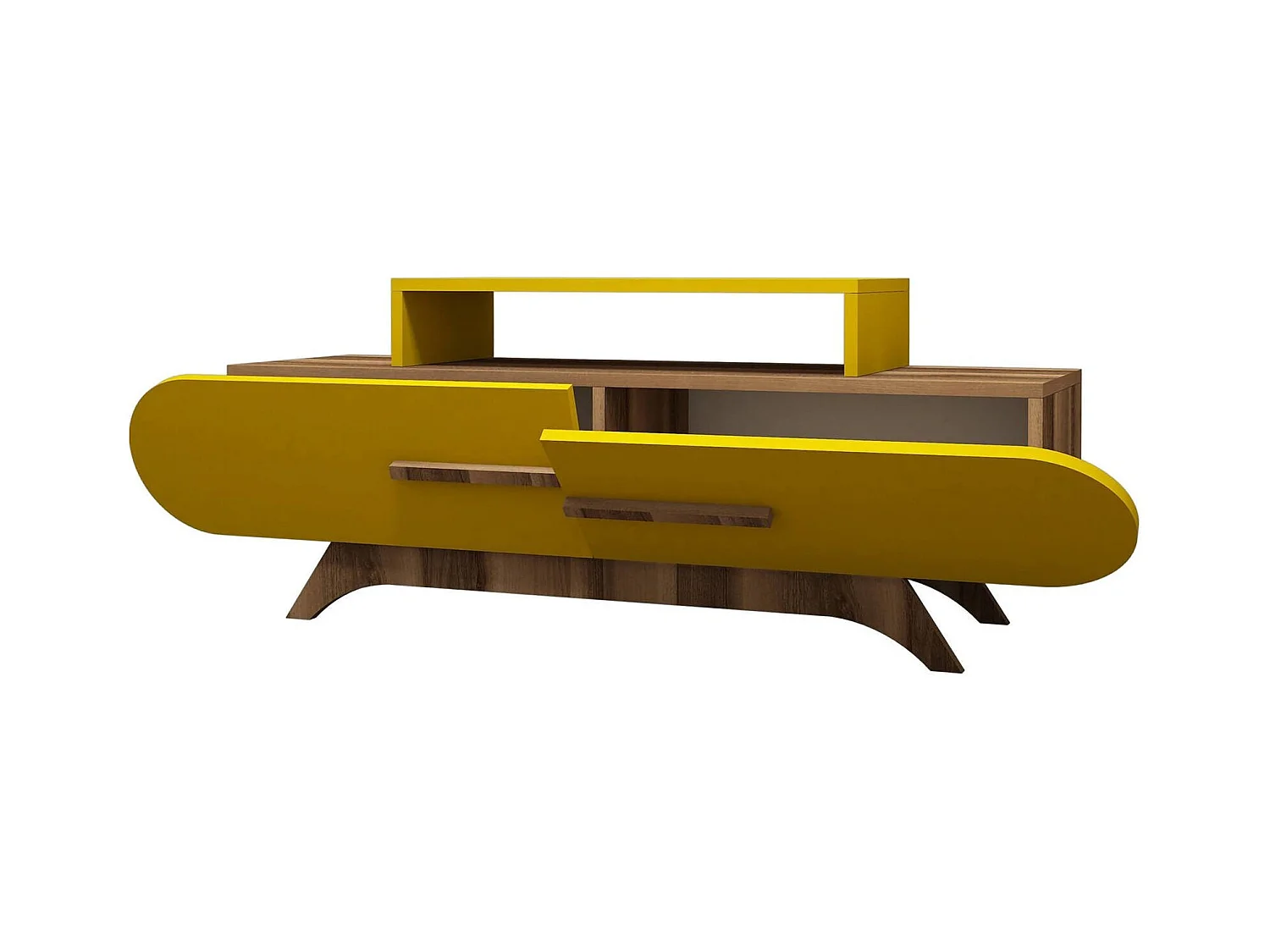 Dpittarell TV-meubel, Woonkamerdressoir, Lage tv-kast, Voorzien van wandbasis, 145x37 h50 cm, Walnoot en Geel