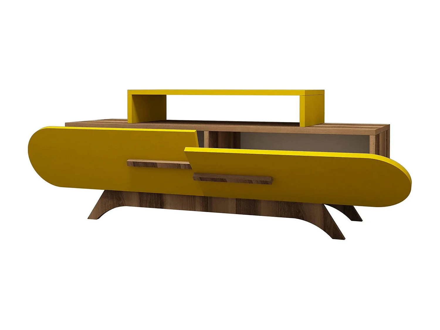 Dpittarell TV-meubel, Woonkamerdressoir, Lage tv-kast, Voorzien van wandbasis, 145x37 h50 cm, Walnoot en Geel