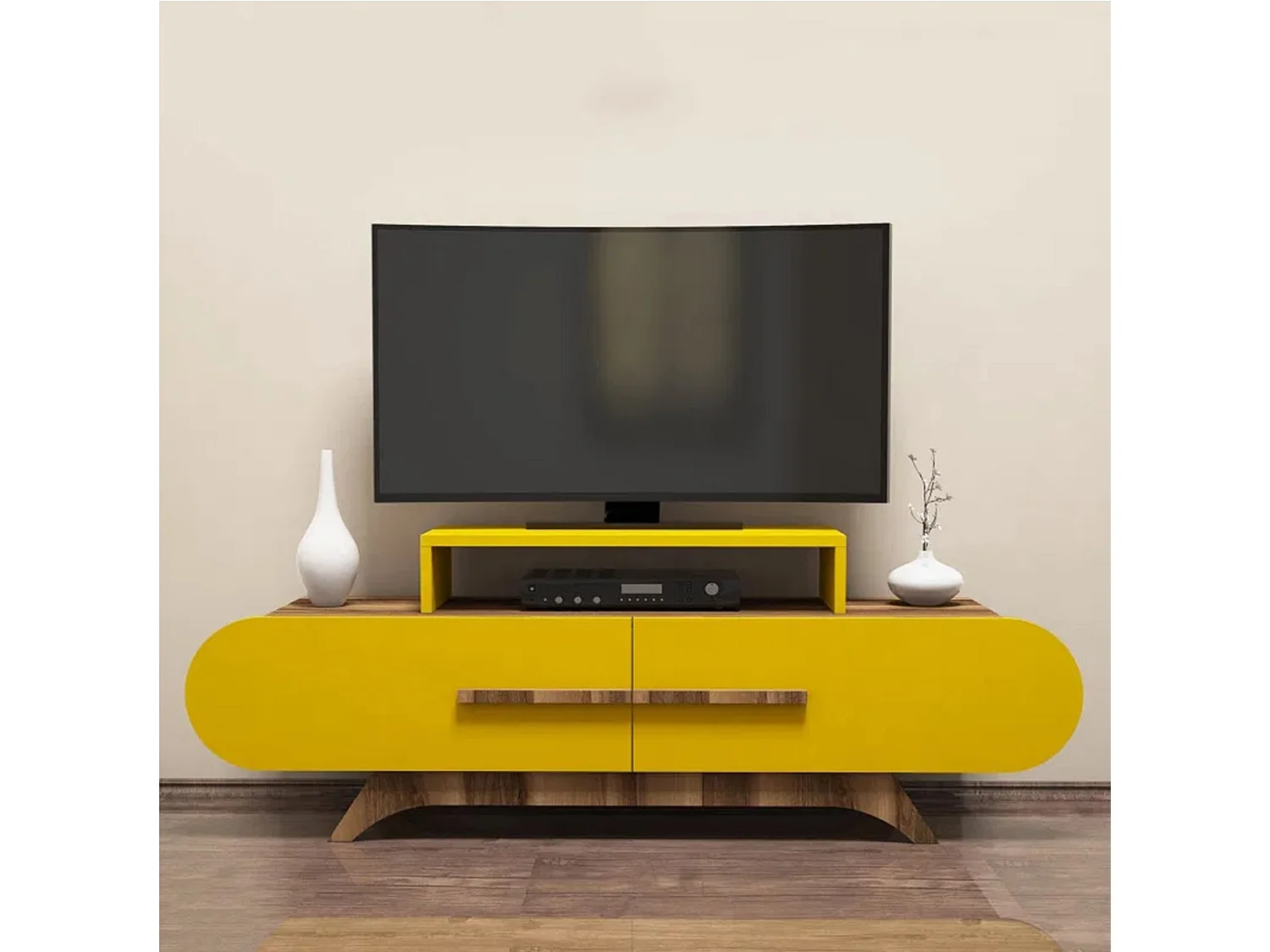 Fernsehschrank Dpittarell, Ständer für Wohnzimmerfernseher, Niedriges Wohnzimmer-Sideboard, TV-Ständerbasis, 145x37 h50 cm, Walnuss und Gelb