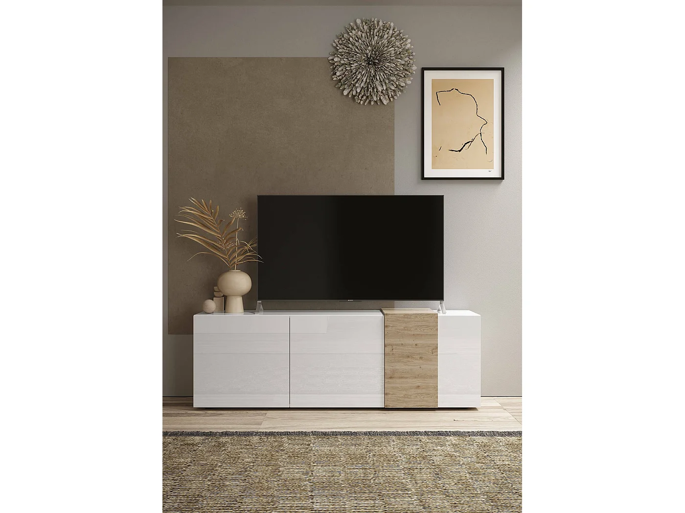 Meuble TV Dbrow, Buffet de salon, Armoire basse pour TV, Base murale de rangement, Made in Italy, 181x44 h59 cm, Blanc brillant et Chêne clair