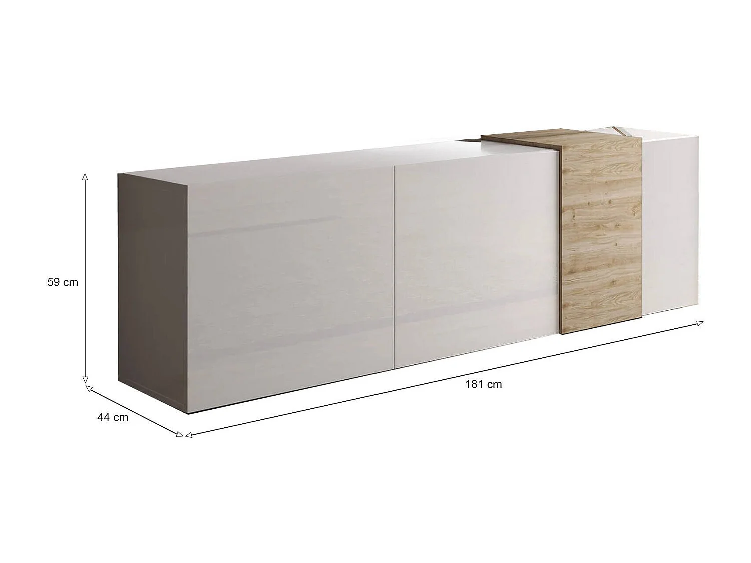 Meuble TV Dbrow, Buffet de salon, Armoire basse pour TV, Base murale de rangement, Made in Italy, 181x44 h59 cm, Blanc brillant et Chêne clair