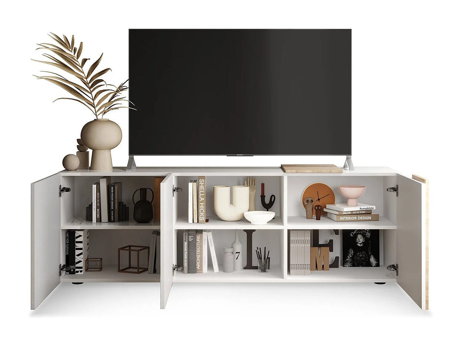 Meuble TV Dbrow, Buffet de salon, Armoire basse pour TV, Base murale de rangement, Made in Italy, 181x44 h59 cm, Blanc brillant et Chêne clair
