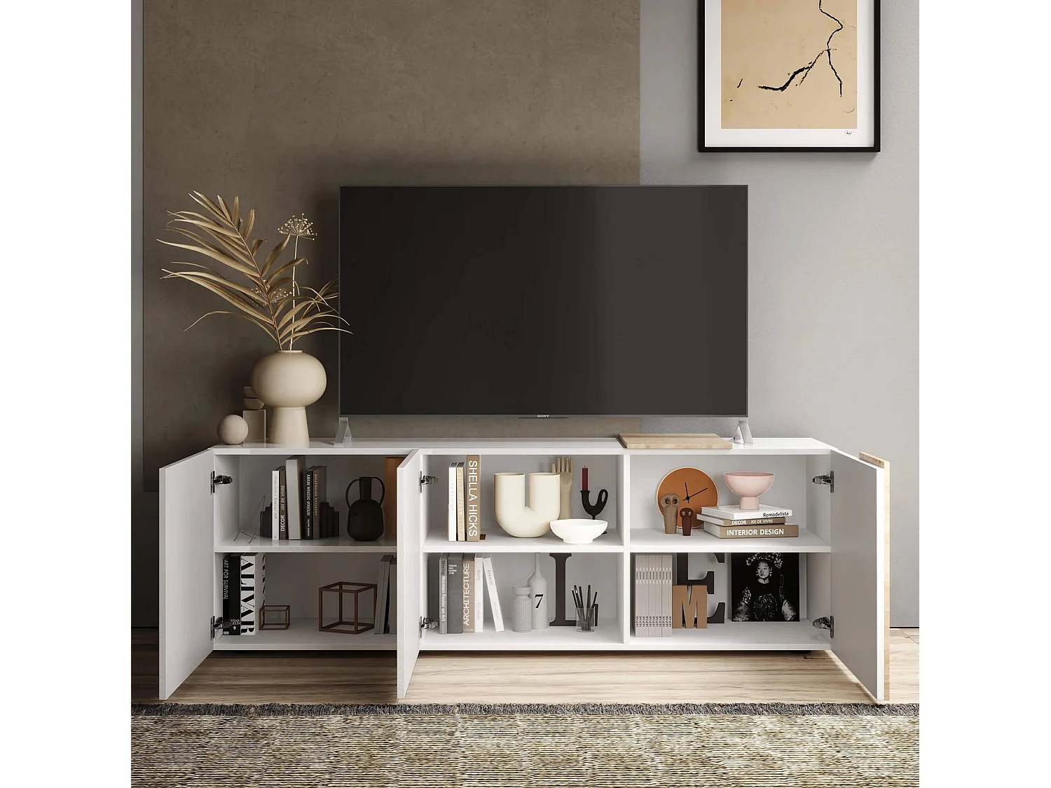 Meuble TV Dbrow, Buffet de salon, Armoire basse pour TV, Base murale de rangement, Made in Italy, 181x44 h59 cm, Blanc brillant et Chêne clair