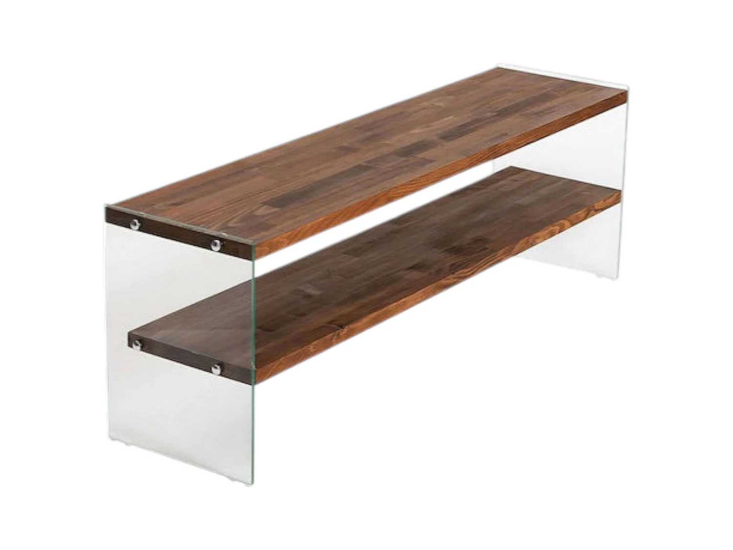 Dmilenkovi TV-meubel, Woonkamerdressoir, Lage tv-kast, Uitgeruste muurbasis, 140x35 h45 cm, Bruin en transparant