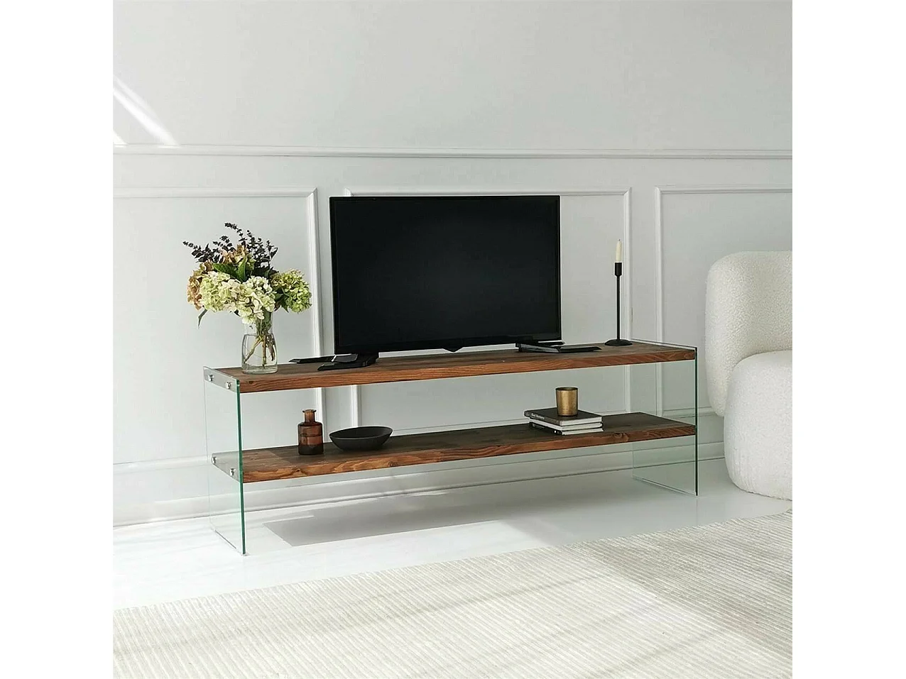 Dmilenkovi TV-meubel, Woonkamerdressoir, Lage tv-kast, Uitgeruste muurbasis, 140x35 h45 cm, Bruin en transparant