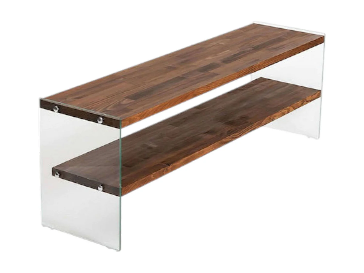 Dmilenkovi TV-meubel, Woonkamerdressoir, Lage tv-kast, Uitgeruste muurbasis, 140x35 h45 cm, Bruin en transparant