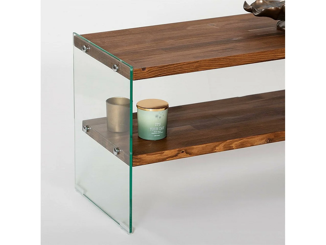 Dmilenkovi TV-meubel, Woonkamerdressoir, Lage tv-kast, Uitgeruste muurbasis, 140x35 h45 cm, Bruin en transparant