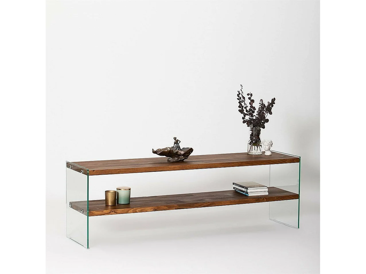 Dmilenkovi TV-meubel, Woonkamerdressoir, Lage tv-kast, Uitgeruste muurbasis, 140x35 h45 cm, Bruin en transparant