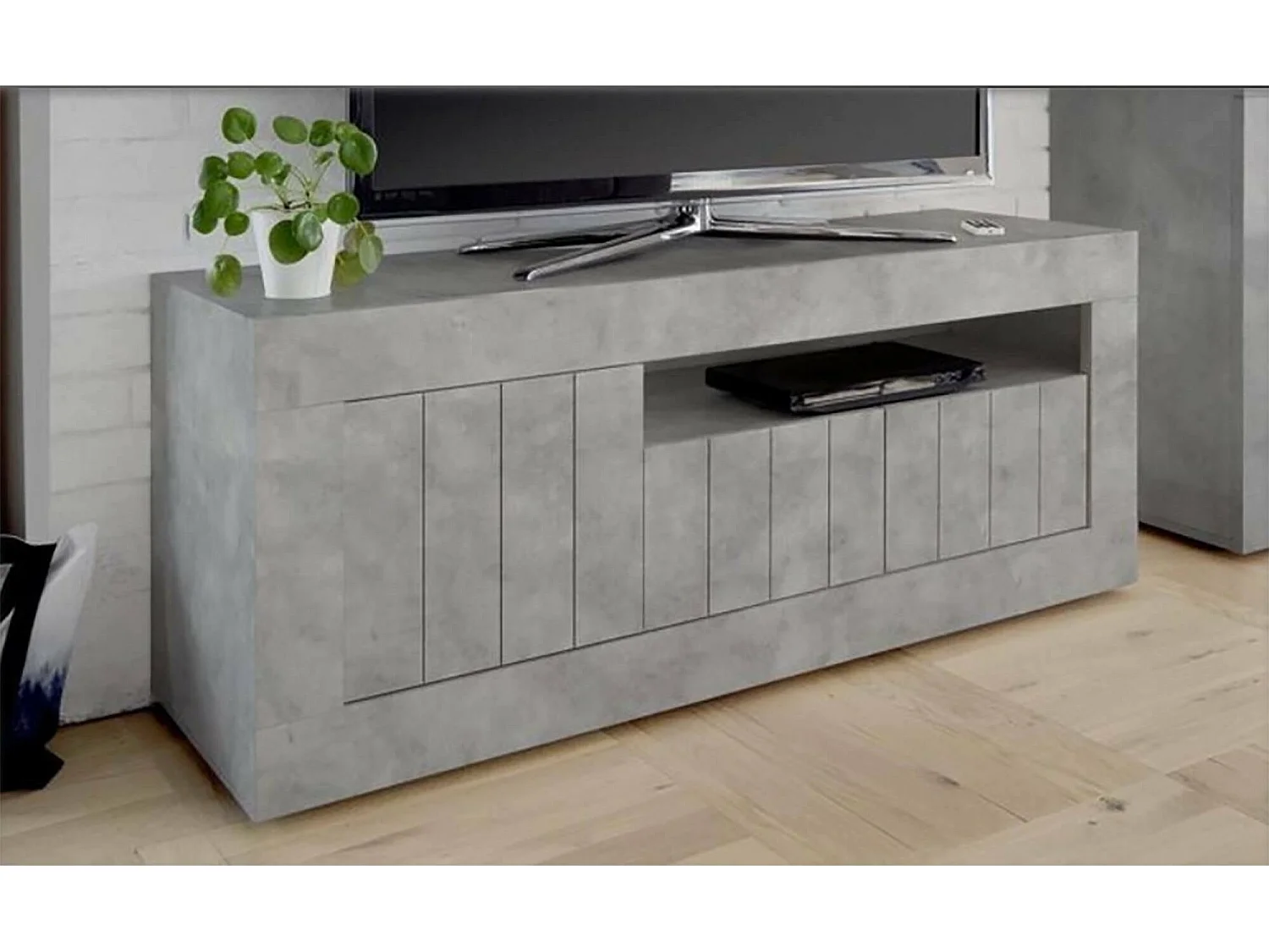 Móvel de TV Dmurra, Aparador de sala, Armário baixo para TV, Base de parede equipada, Fabricado em Itália, 138x42 h56 cm, Cimento