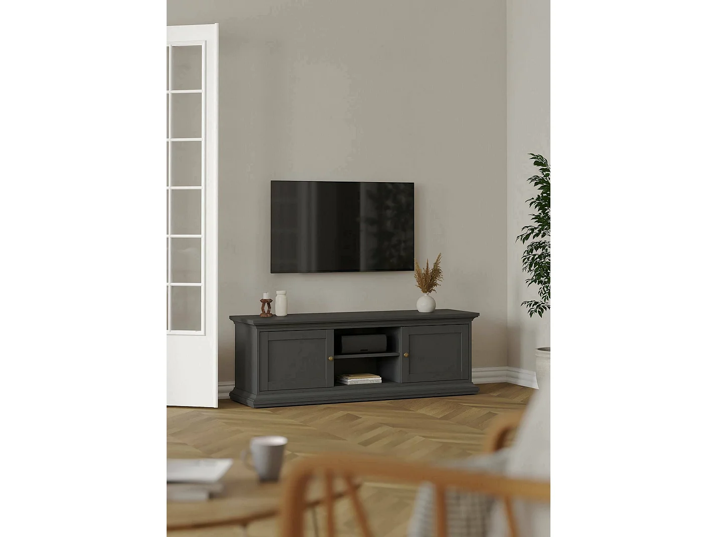 Dthura TV-meubel, Woonkamerdressoir, Lage tv-kast, Voorzien van wandbasis, 149x42 h51 cm, Grijs