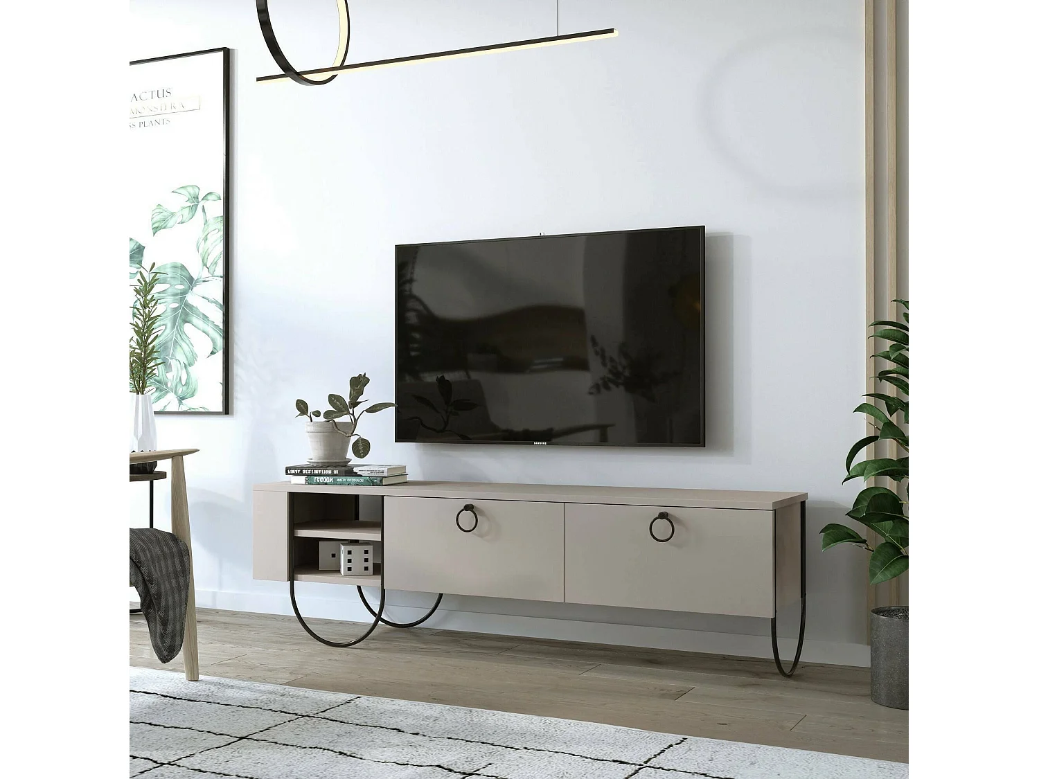Meuble TV Dpieragnol, Buffet de salon, Armoire basse pour TV, Base murale de rangement, 150x36 h44 cm, Beige