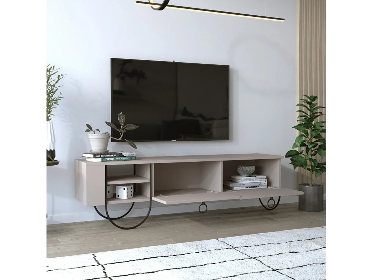 Meuble TV Dpieragnol, Buffet de salon, Armoire basse pour TV, Base murale de rangement, 150x36 h44 cm, Beige