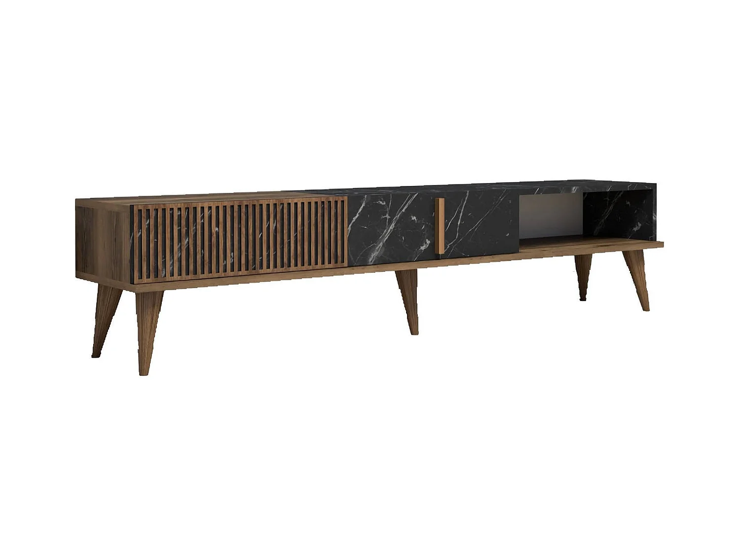 Fernsehschrank Dpellicor, Ständer für Wohnzimmerfernseher, Niedriges Wohnzimmer-Sideboard, TV-Ständerbasis, 180x35 h40 cm, Walnuss und Schwarz