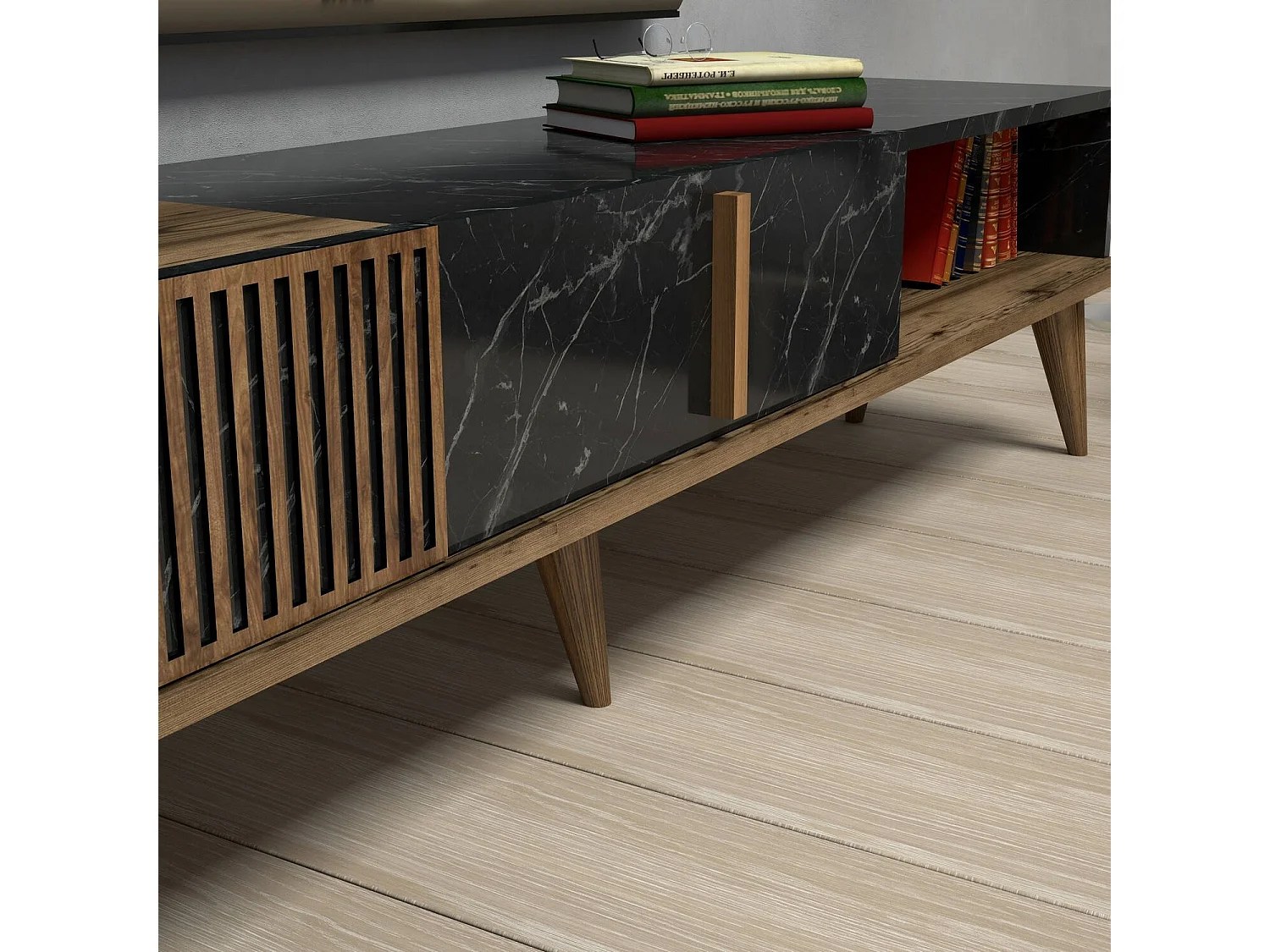 Fernsehschrank Dpellicor, Ständer für Wohnzimmerfernseher, Niedriges Wohnzimmer-Sideboard, TV-Ständerbasis, 180x35 h40 cm, Walnuss und Schwarz