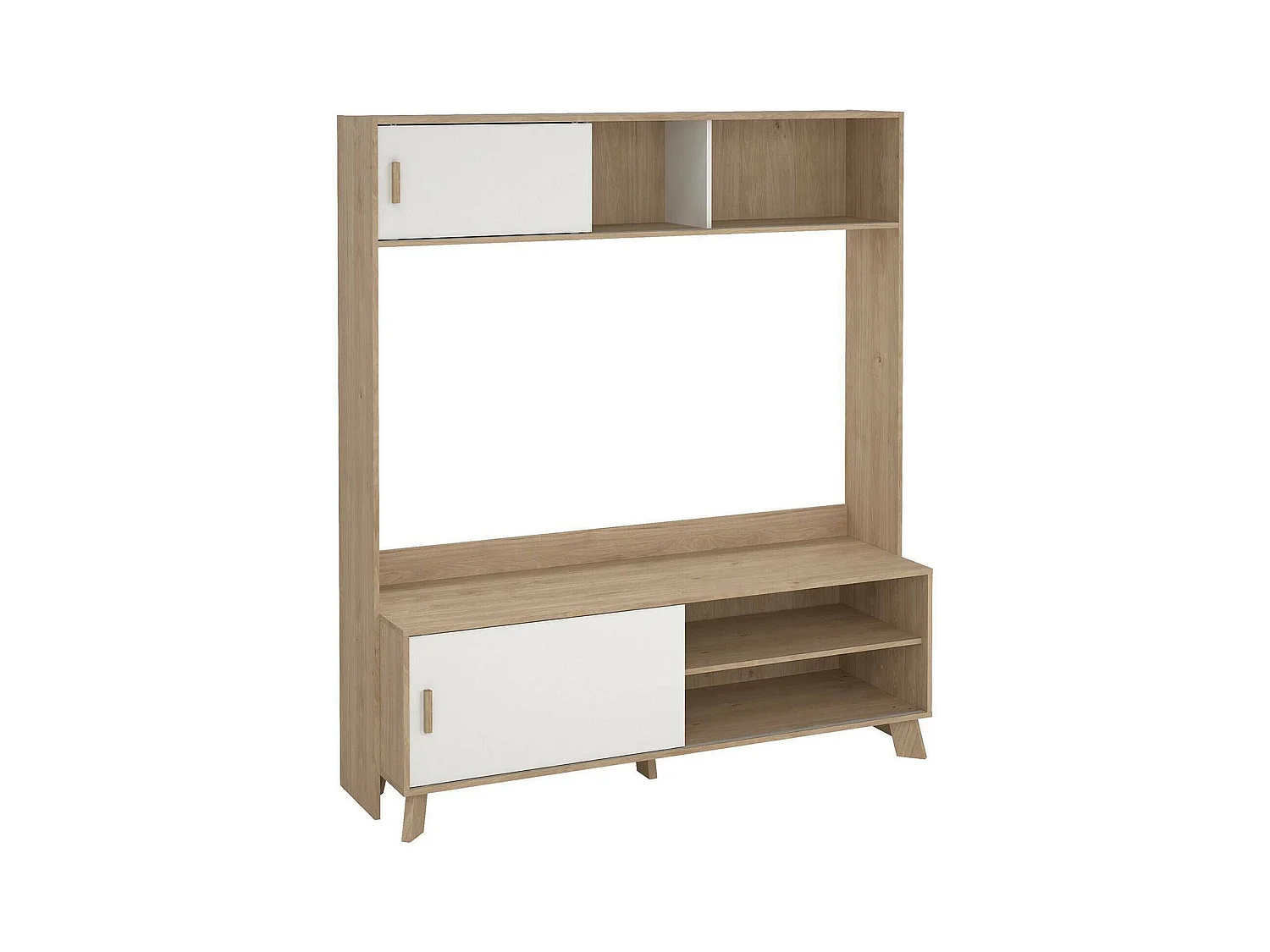 Meuble TV Dteston, Buffet de salon, Armoire basse pour TV, Base murale de rangement, 159x48 h181 cm, Chêne clair et Blanc