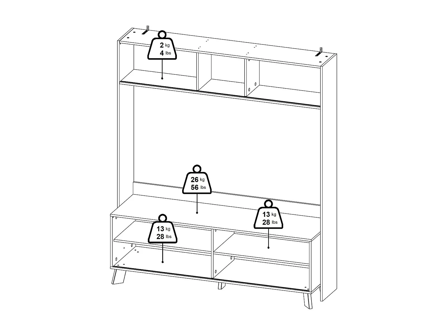 Dteston TV-meubel, Woonkamerdressoir, Lage tv-kast, Voorzien van wandbasis, 159x48 h181 cm, Eiken en Wit