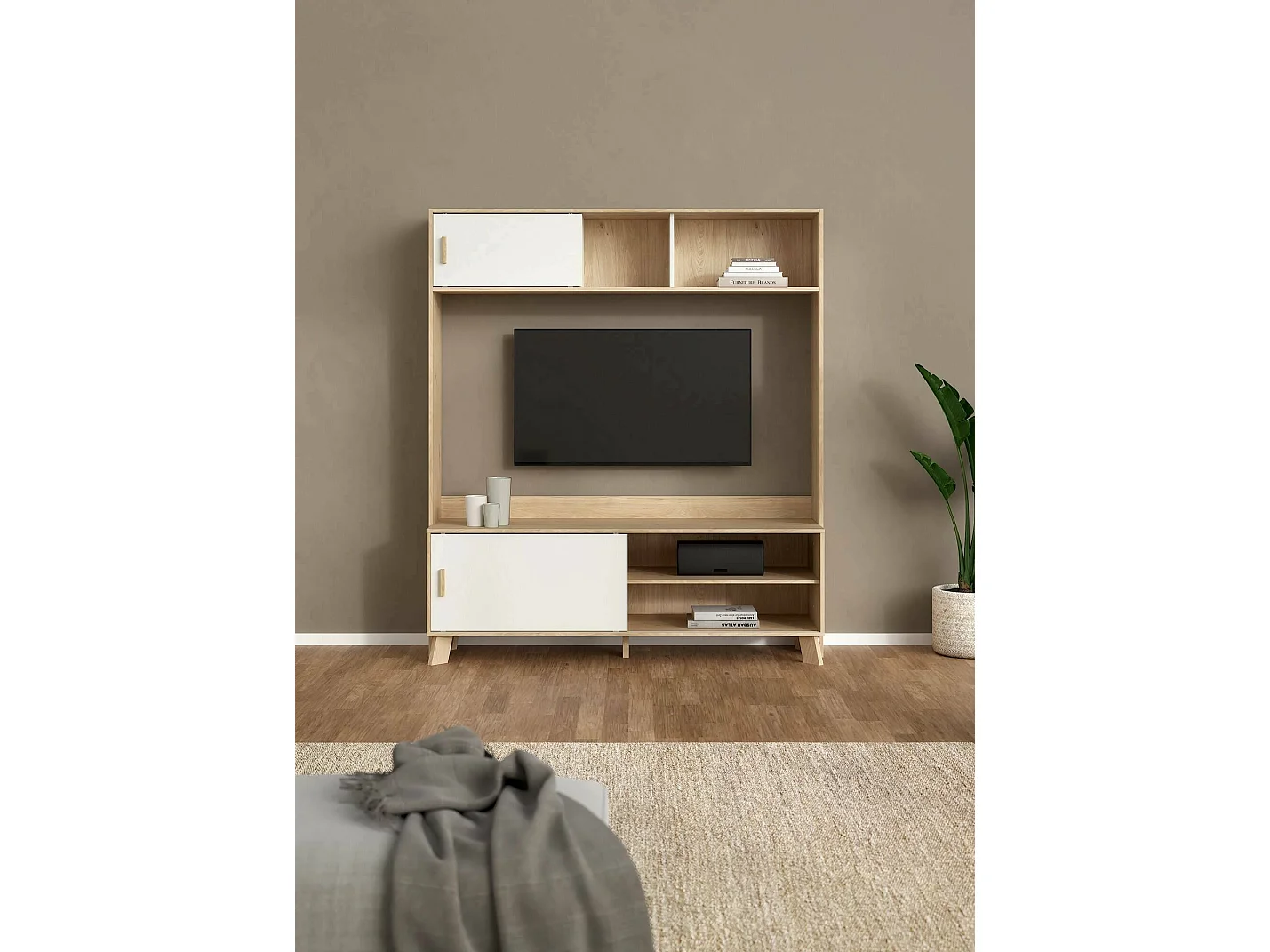Meuble TV Dteston, Buffet de salon, Armoire basse pour TV, Base murale de rangement, 159x48 h181 cm, Chêne clair et Blanc