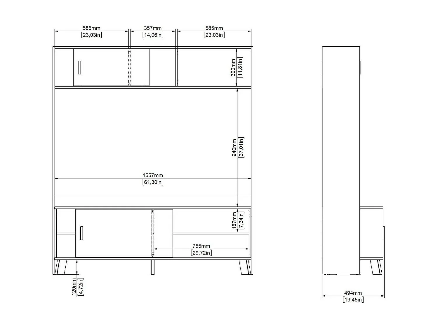 Meuble TV Dteston, Buffet de salon, Armoire basse pour TV, Base murale de rangement, 159x48 h181 cm, Chêne clair et Blanc