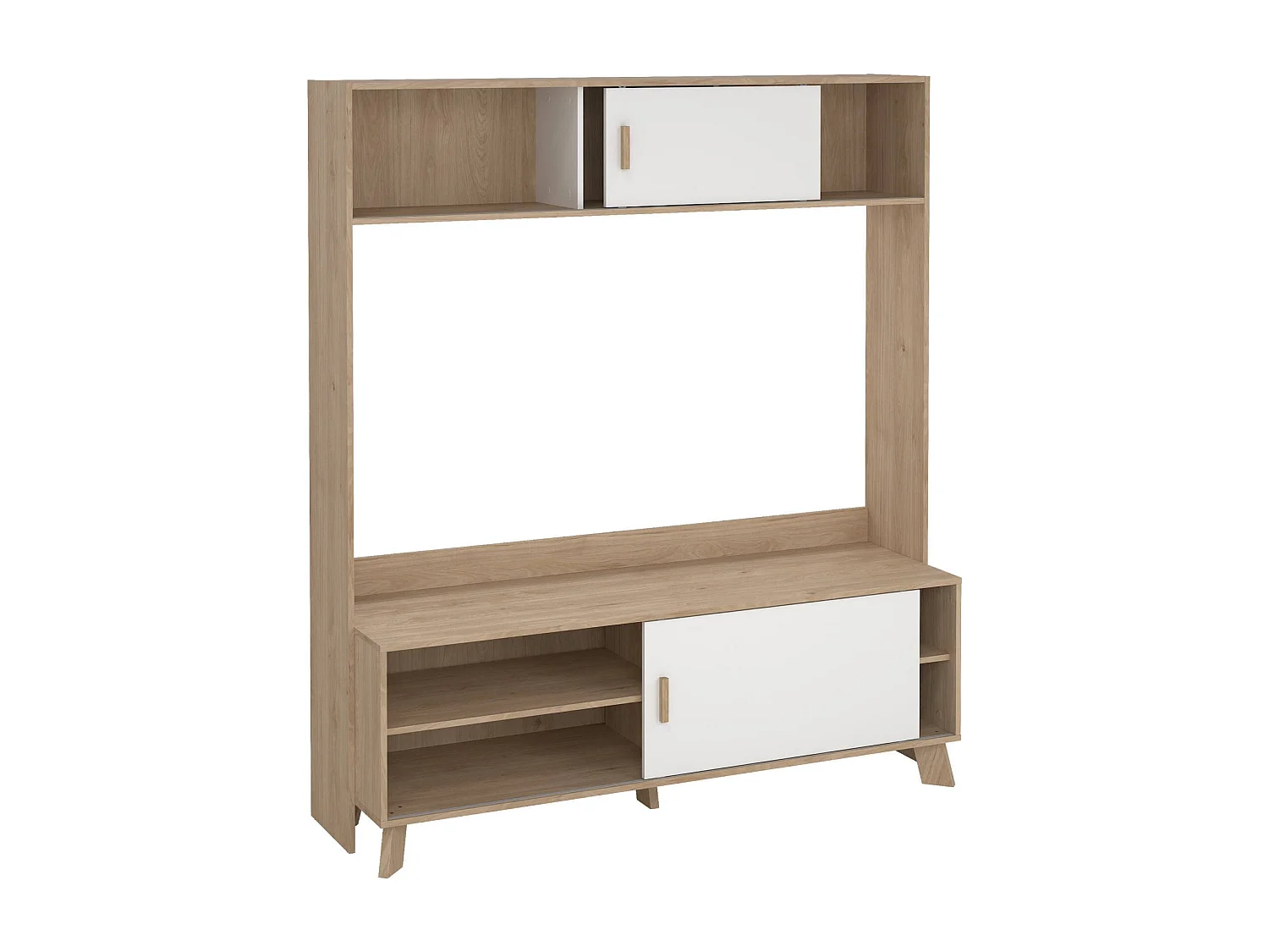 Meuble TV Dteston, Buffet de salon, Armoire basse pour TV, Base murale de rangement, 159x48 h181 cm, Chêne clair et Blanc