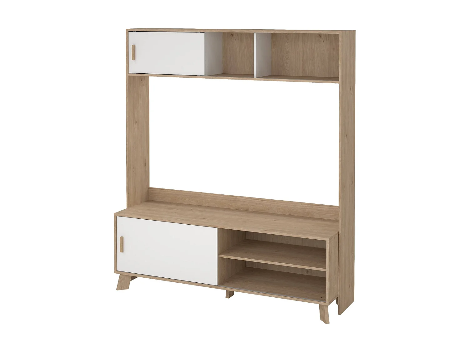 Meuble TV Dteston, Buffet de salon, Armoire basse pour TV, Base murale de rangement, 159x48 h181 cm, Chêne clair et Blanc
