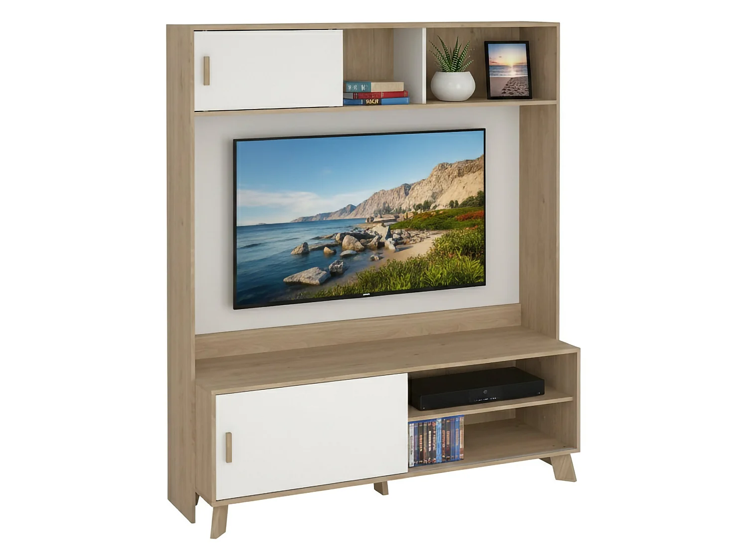Móvel TV Dteston, Aparador de sala, Armário baixo para TV, Base de parede equipada, 159x48 h181 cm, Carvalho e Branco