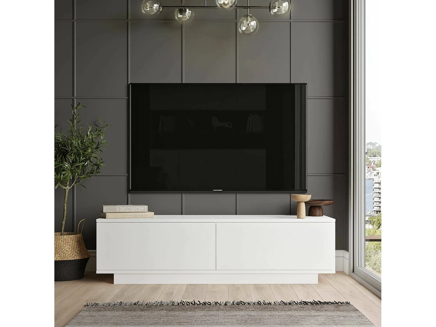 Meuble TV Dlavarder, Buffet de salon, Armoire basse pour TV, Base murale de rangement, 140x36 h38 cm, Blanc