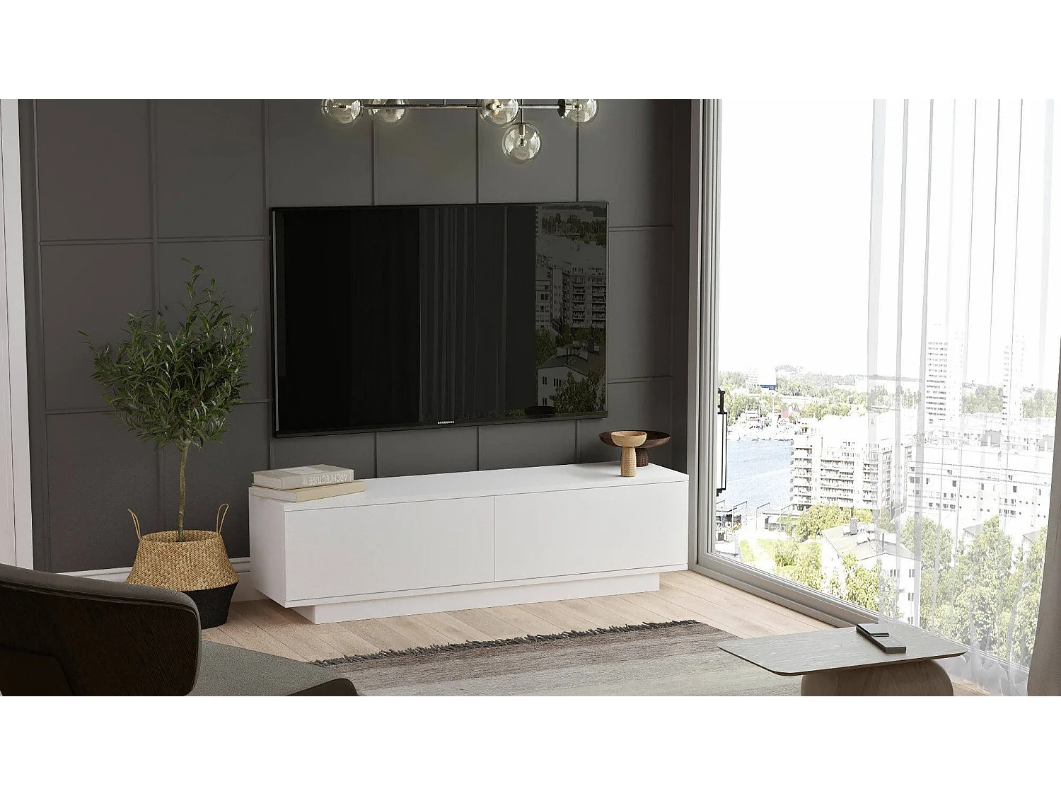 Meuble TV Dlavarder, Buffet de salon, Armoire basse pour TV, Base murale de rangement, 140x36 h38 cm, Blanc