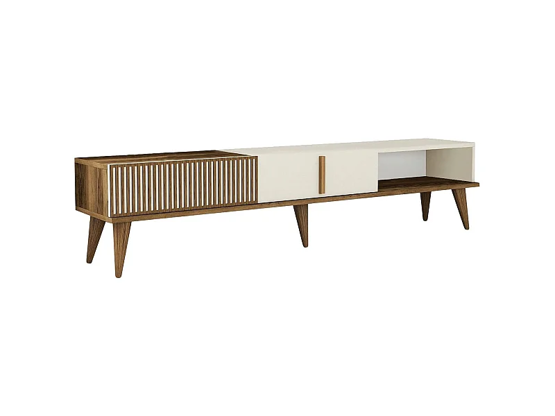 Meuble TV Dpellicor, Buffet de salon, Armoire basse pour TV, Base murale de rangement, 180x35 h40 cm, Noyer et Crème