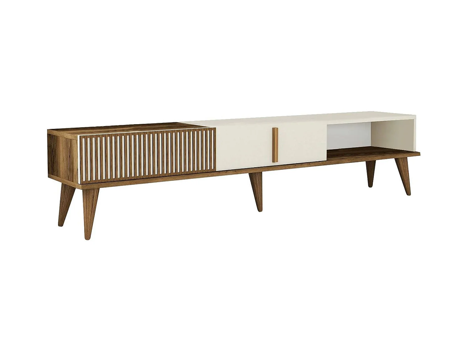 Meuble TV Dpellicor, Buffet de salon, Armoire basse pour TV, Base murale de rangement, 180x35 h40 cm, Noyer et Crème