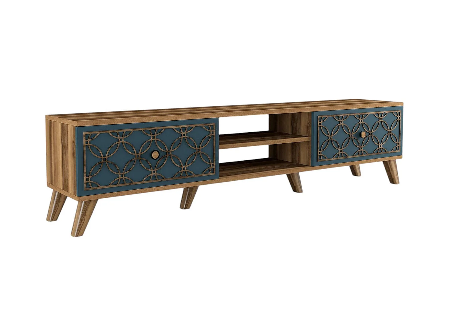 Fernsehschrank Dgabbiadin, Ständer für Wohnzimmerfernseher, Niedriges Wohnzimmer-Sideboard, TV-Ständerbasis, 180x35 h44 cm, Walnuss und Blau
