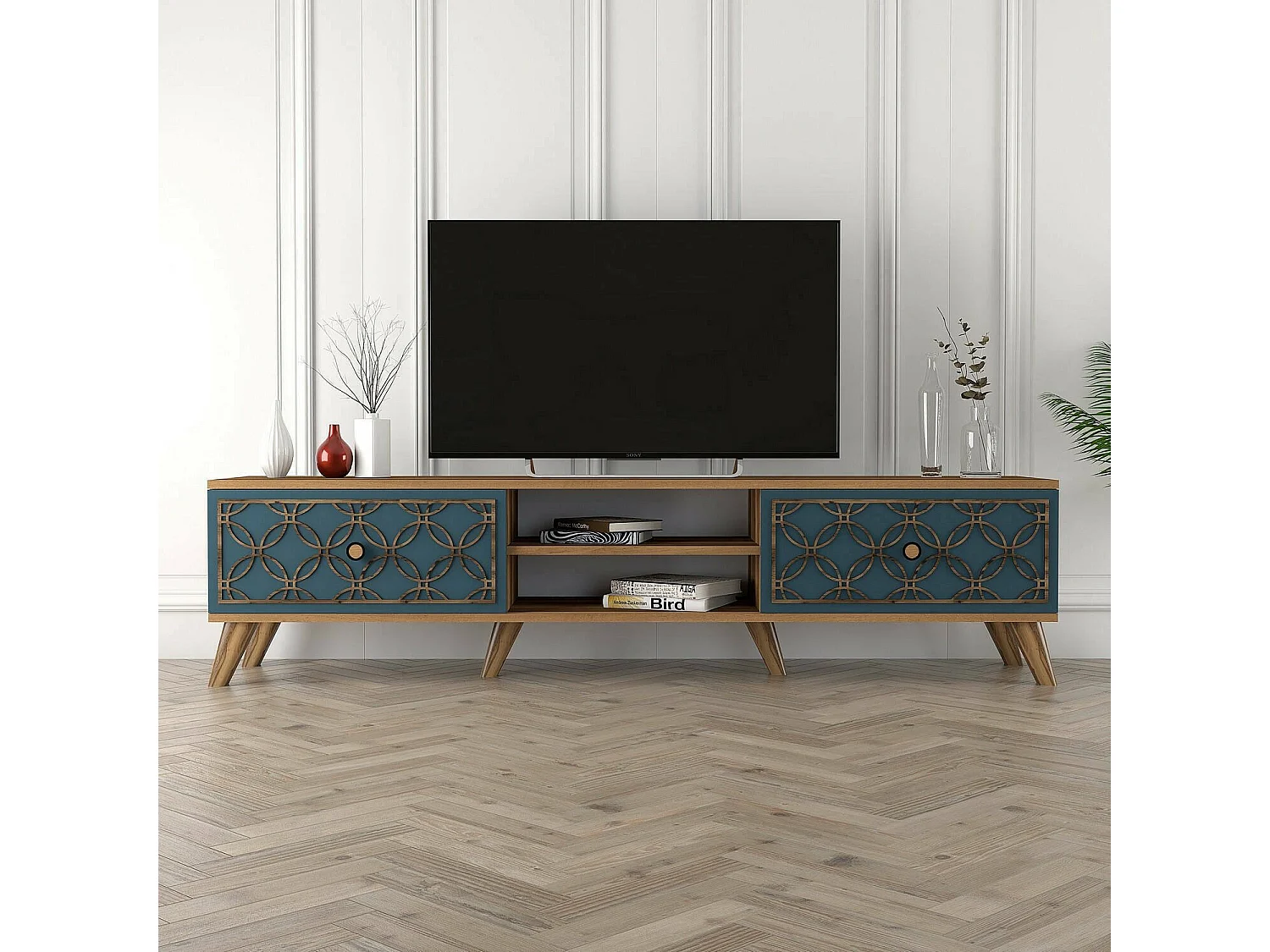 Meuble TV Dgabbiadin, Buffet de salon, Armoire basse pour TV, Base murale de rangement, 180x35 h44 cm, Noyer et bleu